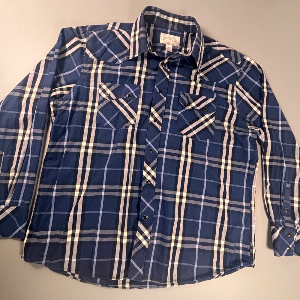 Cowboy Up Western Pearl Snap Shirt Mens XL Blue Plaid‎ Long Sleeve Rodeo